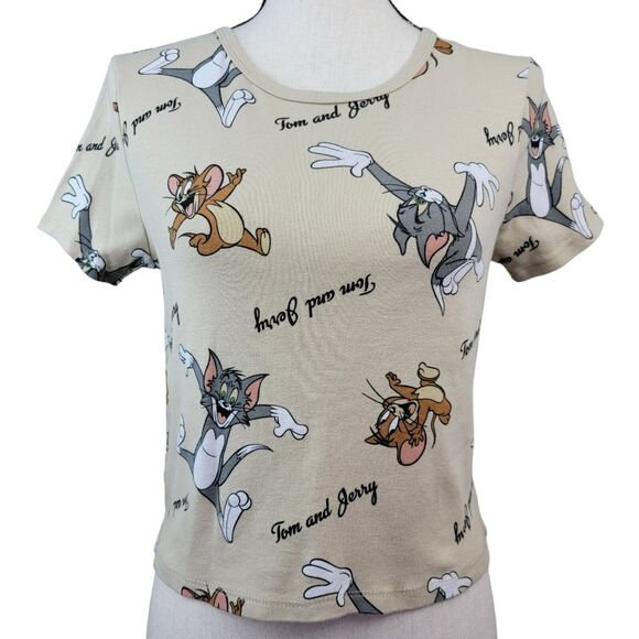 Tom & Jerry Tshirt Juniors Sz XL Beige Crop Top Graphic Retro Novelty Cartoon - Picture 1 of 6